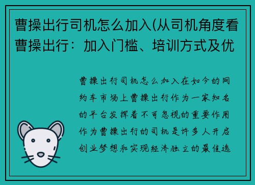 曹操出行司机怎么加入(从司机角度看曹操出行：加入门槛、培训方式及优惠政策分析)